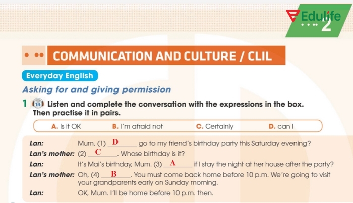 Đáp án cần điền vào đoạn hội thoại của bài tập Everyday English 1 phần tiếng Anh 11 Unit 2 Communication and Culture