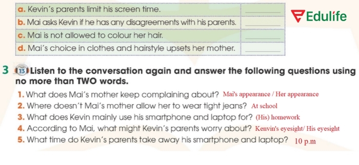 Câu trả lời cần của bài tập 3 phần tiếng Anh 11 Unit 2 Listening