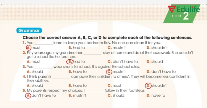 Đáp án của bài tập Grammar phần tiếng Anh 11 Unit 2 Looking Back