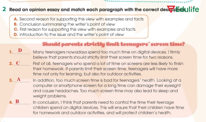 Đáp án cần điền vào bài tập 1 phần tiếng Anh 11 Unit 2 Writing