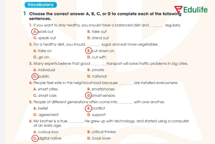 Các đáp án đúng cần khoanh của bài tập Vocabulary 1 phần tiếng Anh 11 Unit 3 Review Language