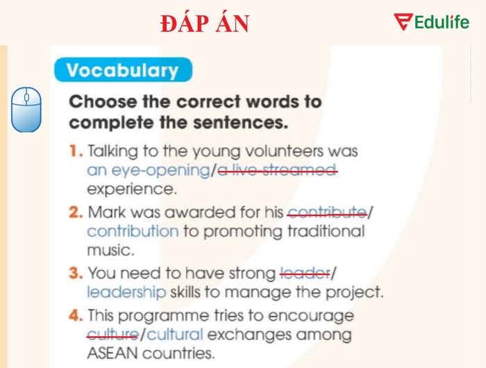 Các từ cần chọn để hoàn thành câu theo yêu cầu của bài tập Vocabulary phần tiếng Anh 11 Unit 4 Looking Back