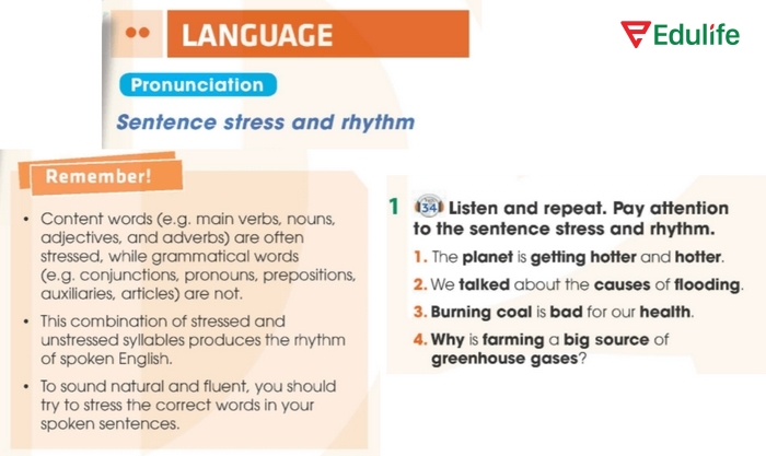 Yêu cầu của bài tập Pronunciation 1 phần tiếng Anh 11 Unit 5 Language chỉ là nghe và cảm nhận trọng âm, ngữ điệu của câu