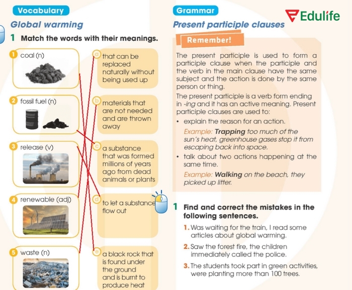 Yêu cầu và đáp án cần nối để hoàn thành bài tập Vocabulary 1 phần tiếng Anh 11 Unit 5 Language