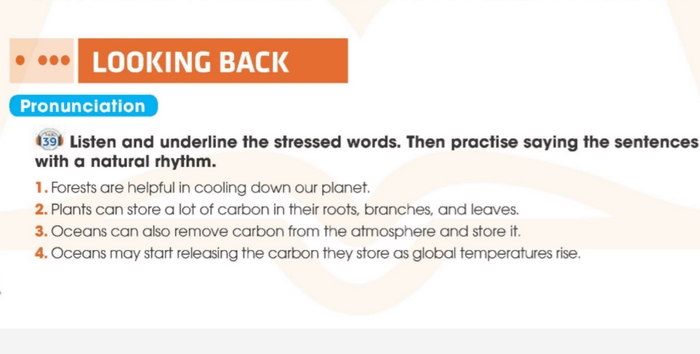 Yêu cầu của bài tập Pronunciation phần tiếng Anh 11 Unit 5 Looking Back là nghe, nhận diện đúng trọng âm trong câu