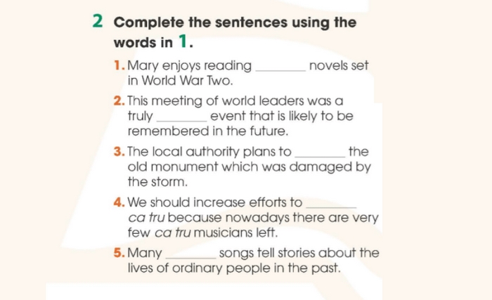 Yêu cầu của bài tập Vocabulary 2 phần tiếng Anh 11 Unit 6 Language 