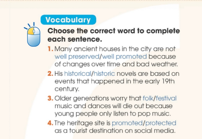 Bài tập Vocabulary phần tiếng Anh 11 Unit 6 Looking Back giúp học sinh ôn tập lại từ vựng về bảo tồn, lịch sử và văn hóa truyền thống