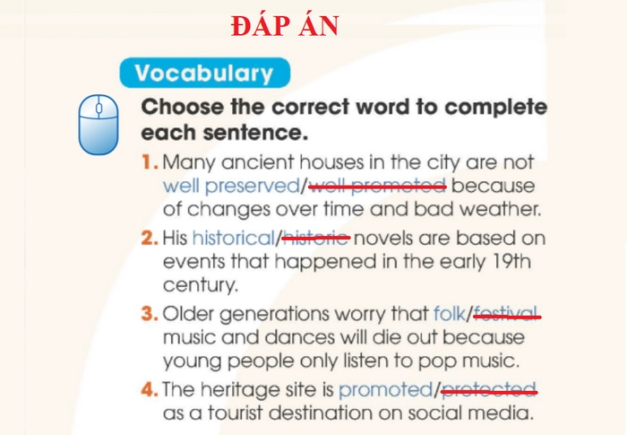 Đáp án các từ cần điền vào câu thiếu của bài tập Vocabulary phần tiếng Anh 11 Unit 6 Looking Back 