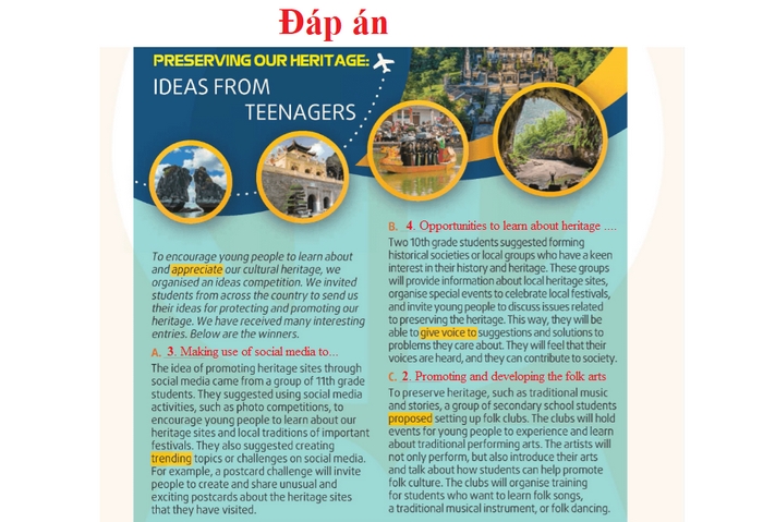 Đáp án cần điền của bài 3 phần tiếng Anh 11 Unit 6 Reading