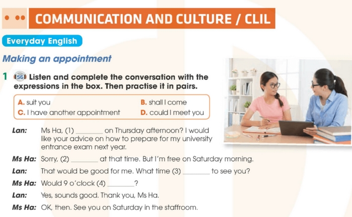 Chi tiết yêu cầu của bài tập Everyday English 1 tiếng Anh 11 Unit 7 Communication And Culture