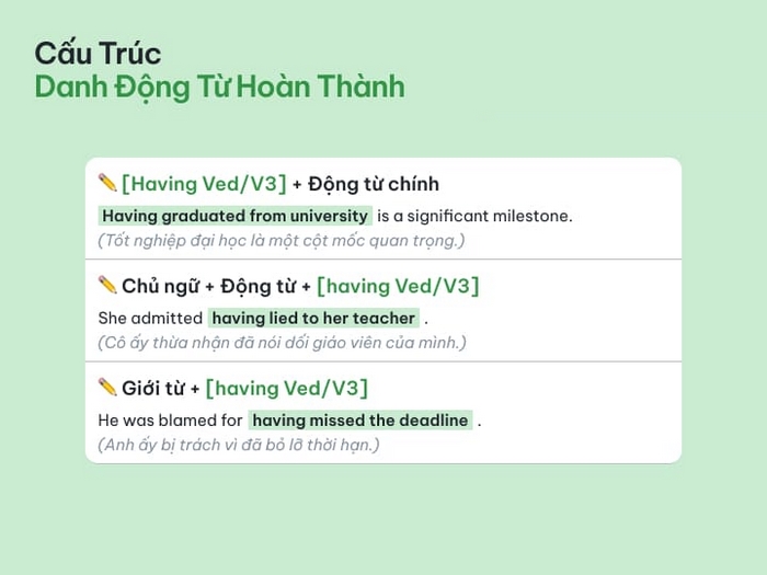 Bài tập Grammar 1 phần tiếng Anh 11 Unit 7 Language cần vận dụng cấu trúc sử dụng danh động từ hoàn thành