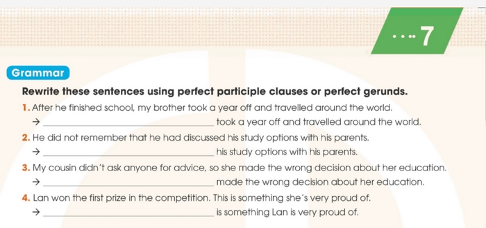 Bài tập Grammar phần tiếng Anh 11 Unit 7 Looking Back giúp học sinh luyện tập và ghi nhớ Perfect participle & Perfect gerund