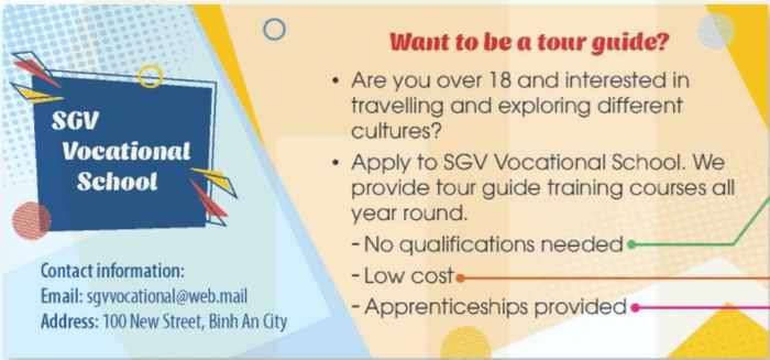 Mẫu tờ quảng cáo về các chương trình hướng dẫn viên du lịch quanh năm, với mức phí thấp, hỗ trợ học sinh khó khăn,... của trung tâm dạy nghề SGV