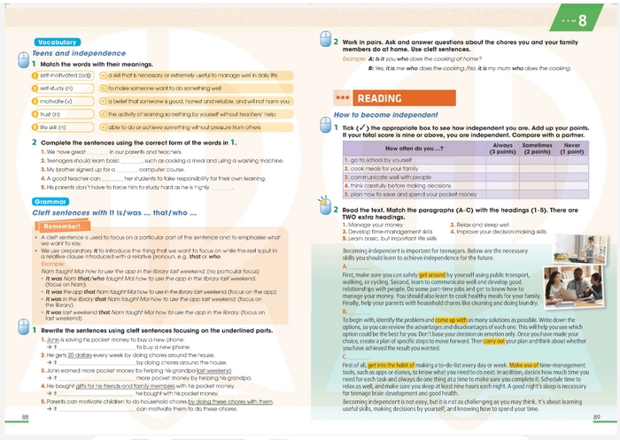 Phần tiếng Anh 11 Unit 8 Language chia thành các phần Pronunciation, Vocabulary, Grammar, mỗi phần gồm 2 bài tập