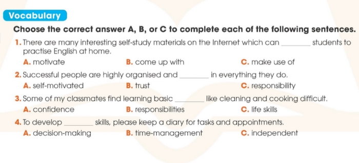 Chi tiết yêu cầu của bài tập Vocabulary tiếng Anh 11 Unit 8 Looking Back