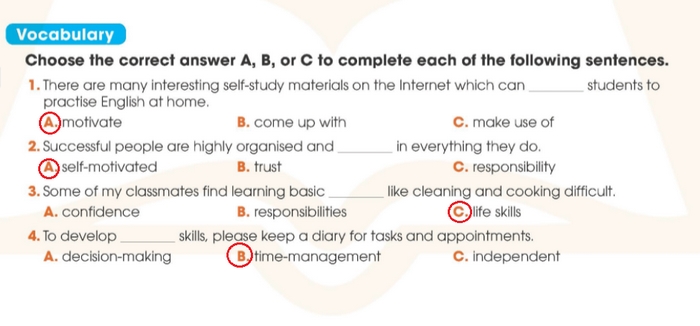 Đáp án cần chọn của bài tập Vocabulary tiếng Anh 11 Unit 8 Looking Back