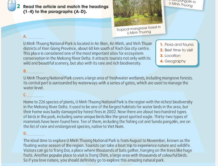 Bài đọc tiếng Anh 11 Unit 10 Reading nói về rừng quốc gia U Minh Thượng