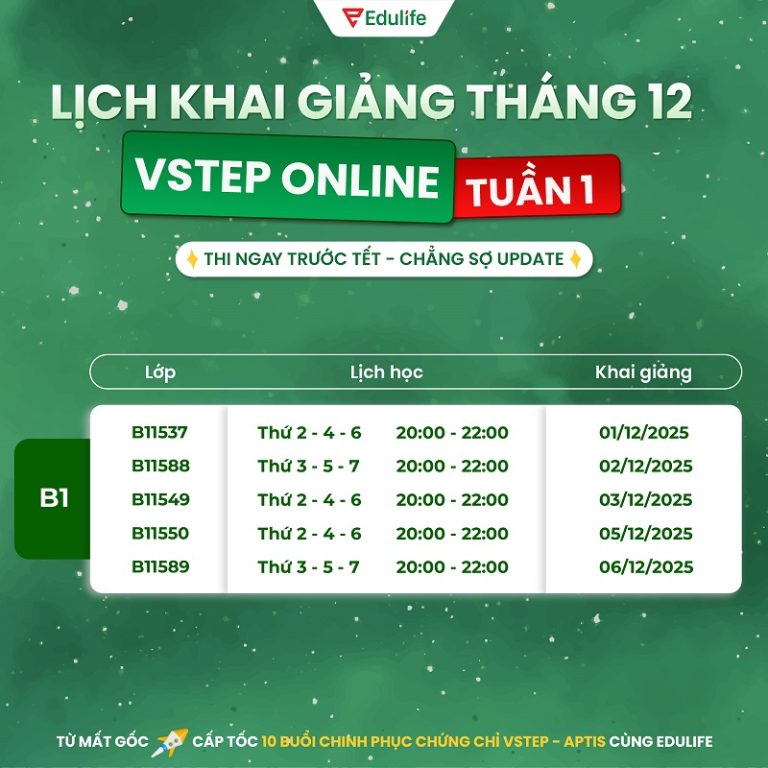 Lịch khai giảng Tuần 1 tháng 12 Edulife - Lớp VSTEP