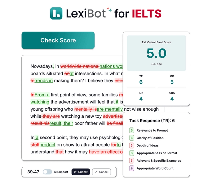 Website chấm bài IELTS LexiBot theo 4 tiêu chí thực tế