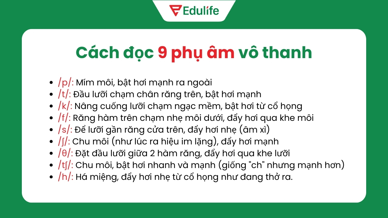 Cách đọc 9 phụ âm vô thanh trong tiếng Anh