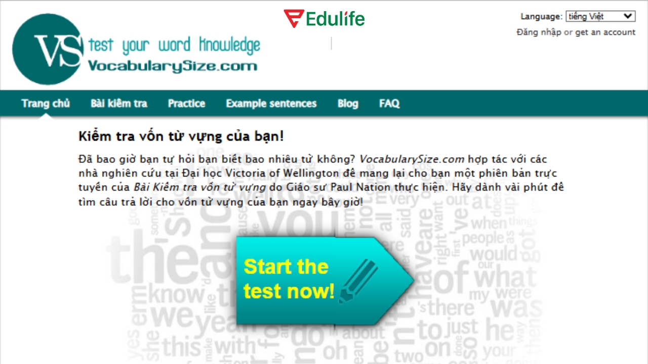 Bạn có thể kiểm tra vốn từ vựng qua trang web my.vocabularysize.com