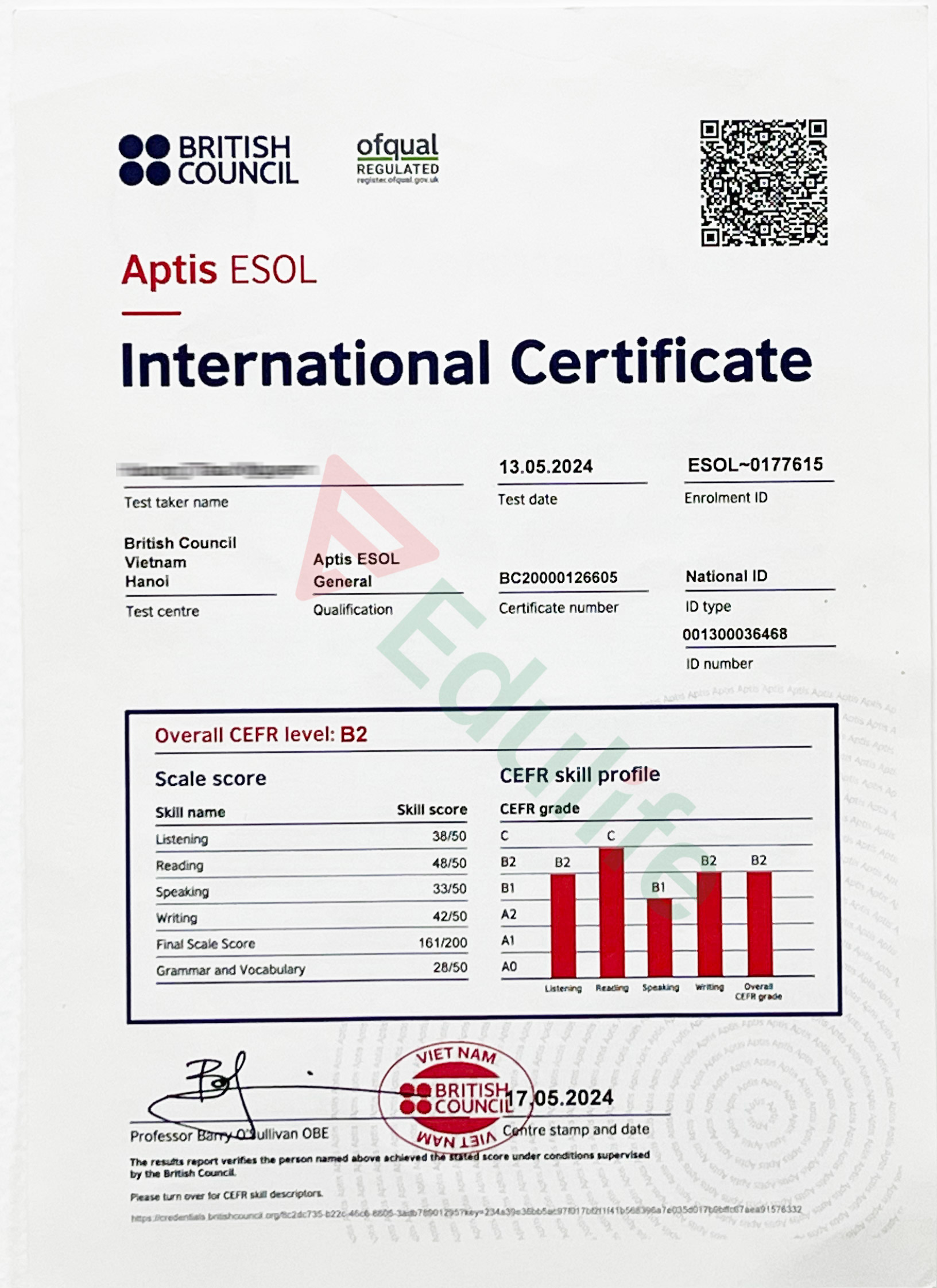 Chứng chỉ tiếng Anh B2 Aptis ESOL