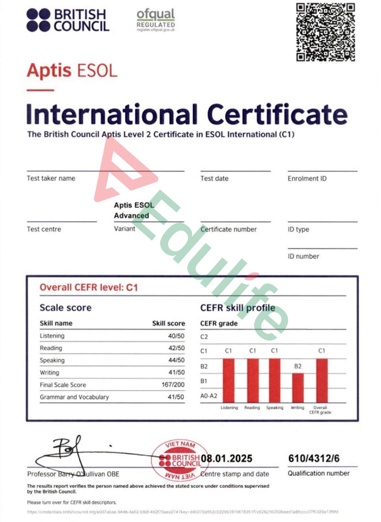 Mẫu chứng chỉ Aptis Esol C1 cấp cho học viên