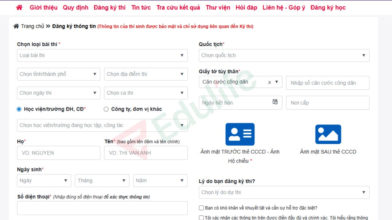 Truy cập vào website và điền đầy đủ thông tin theo yêu cầu của hệ thống để đăng ký thi