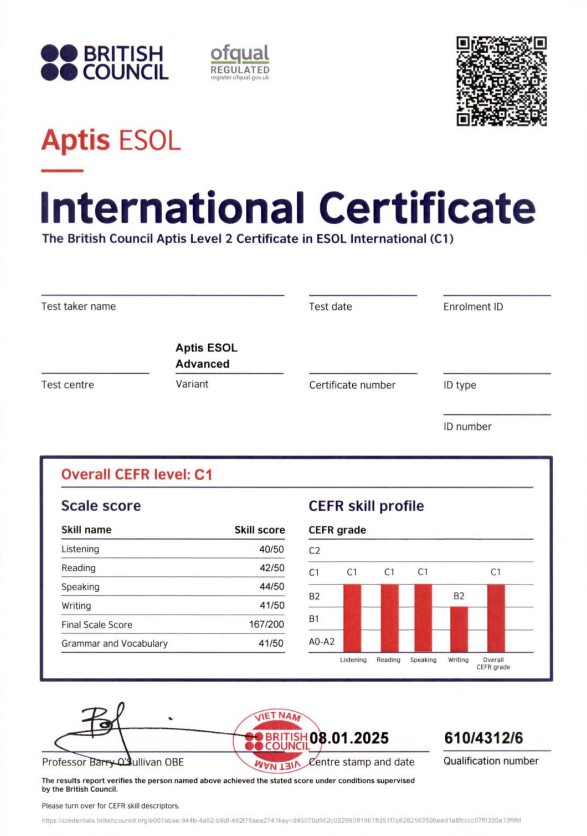 Mẫu Aptis Esol C1 cấp cho học viên