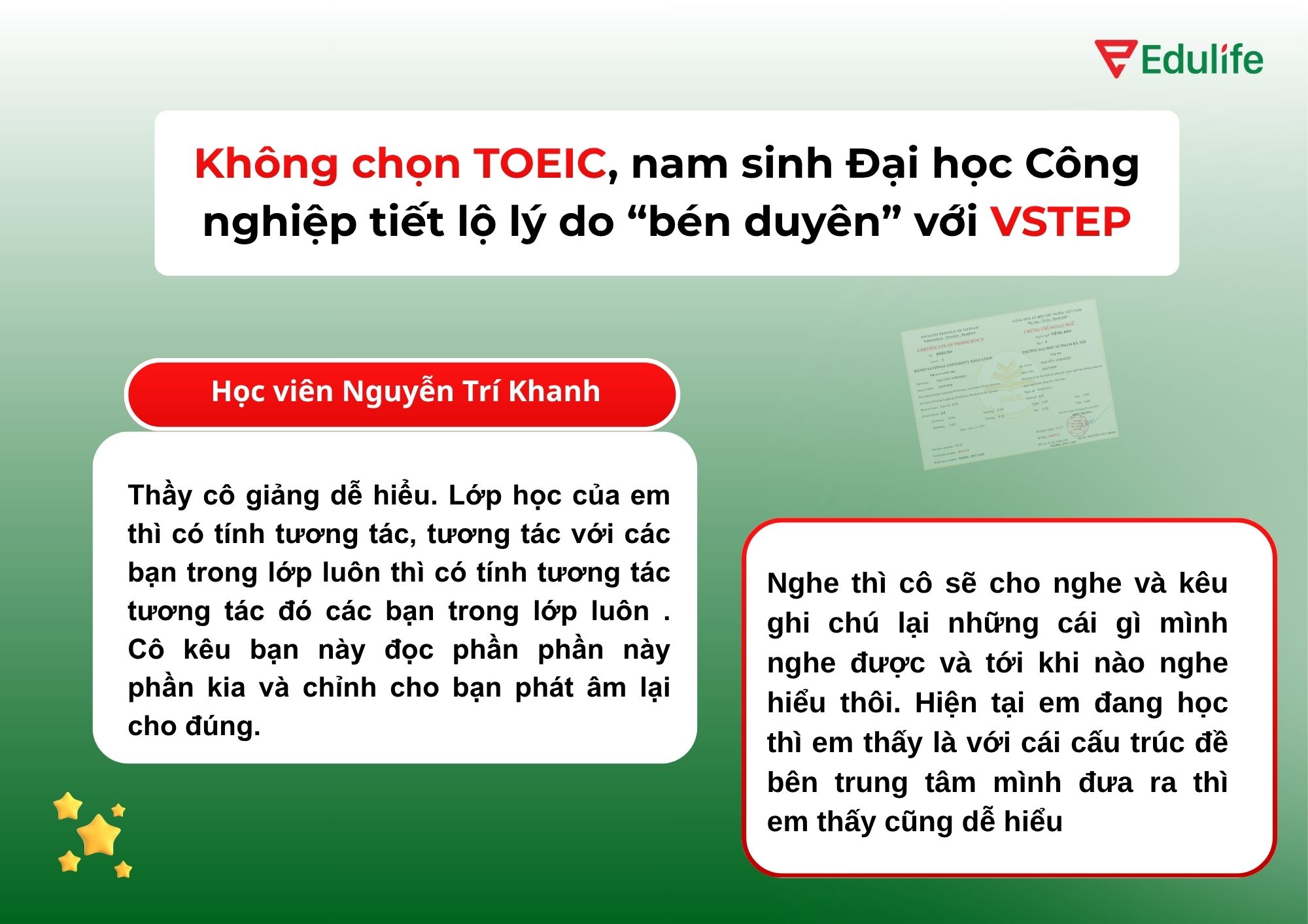 Học viên Nguyễn Trí Khanh đã chọn ôn VSTEP thay vì TOEIC