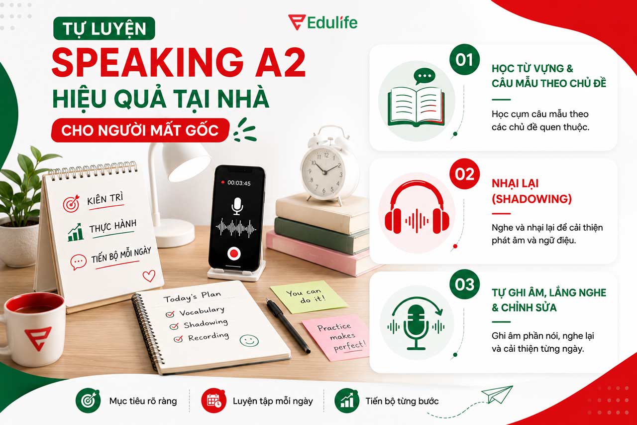 3 bước tự luyện Nói trình độ tiếng Anh A2 hiệu quả