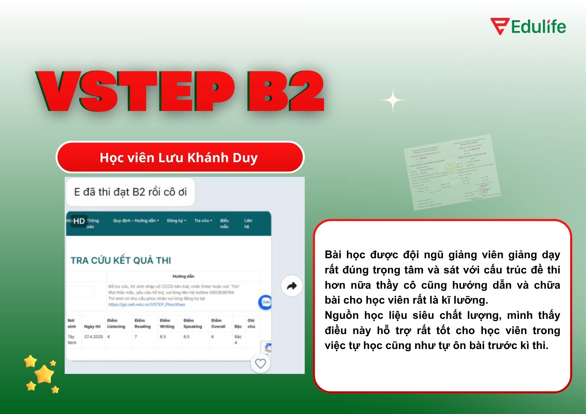 Học viên Lưu Khánh Duy "xử gọn" bài thi B2 VSTEP chỉ sau 10 buổi học