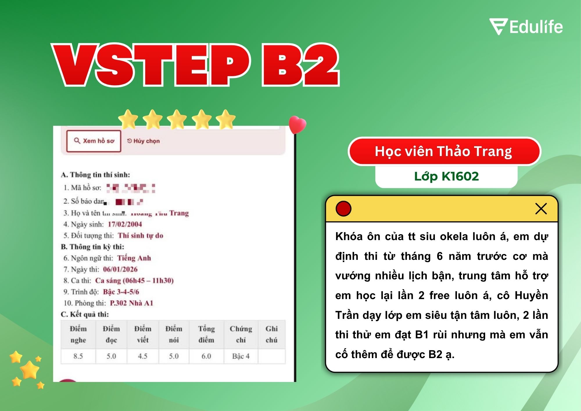 Từ dự định dang dở đến tấm bằng B2 VSTEP của học viên Thảo Trang