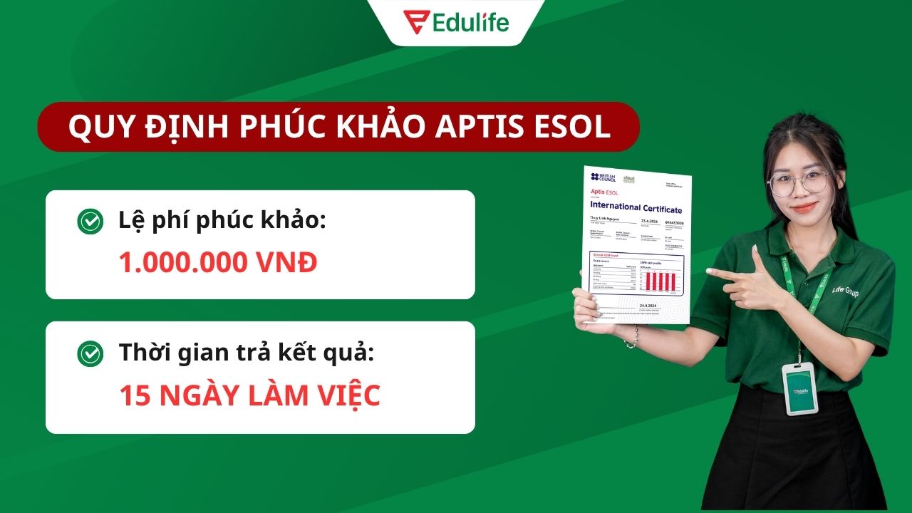 Lệ phí phúc khảo Aptis ESOL theo quy định là 1.000.000 VNĐ Lệ phí phúc khảo Aptis ESOL theo quy định là 1.000.000 VNĐ