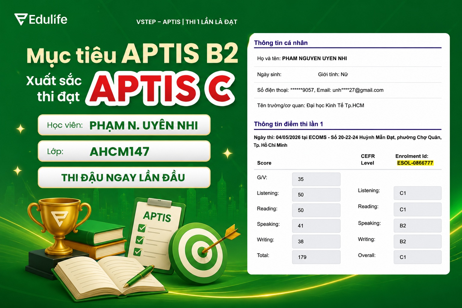 Mục tiêu APTIS B2 nhưng xuất sắc thi đạt APTIS C với số điểm trung bình 179