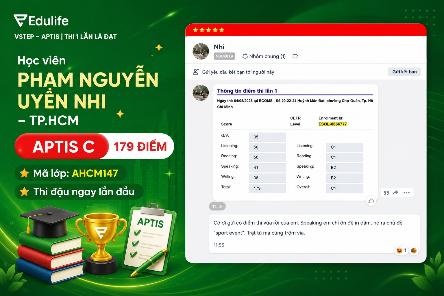 Khi “áp lực” hóa “kim cương” - Phạm Nguyễn Uyên Nhi đạt APTIS C ngay từ lần thi đầu tiên