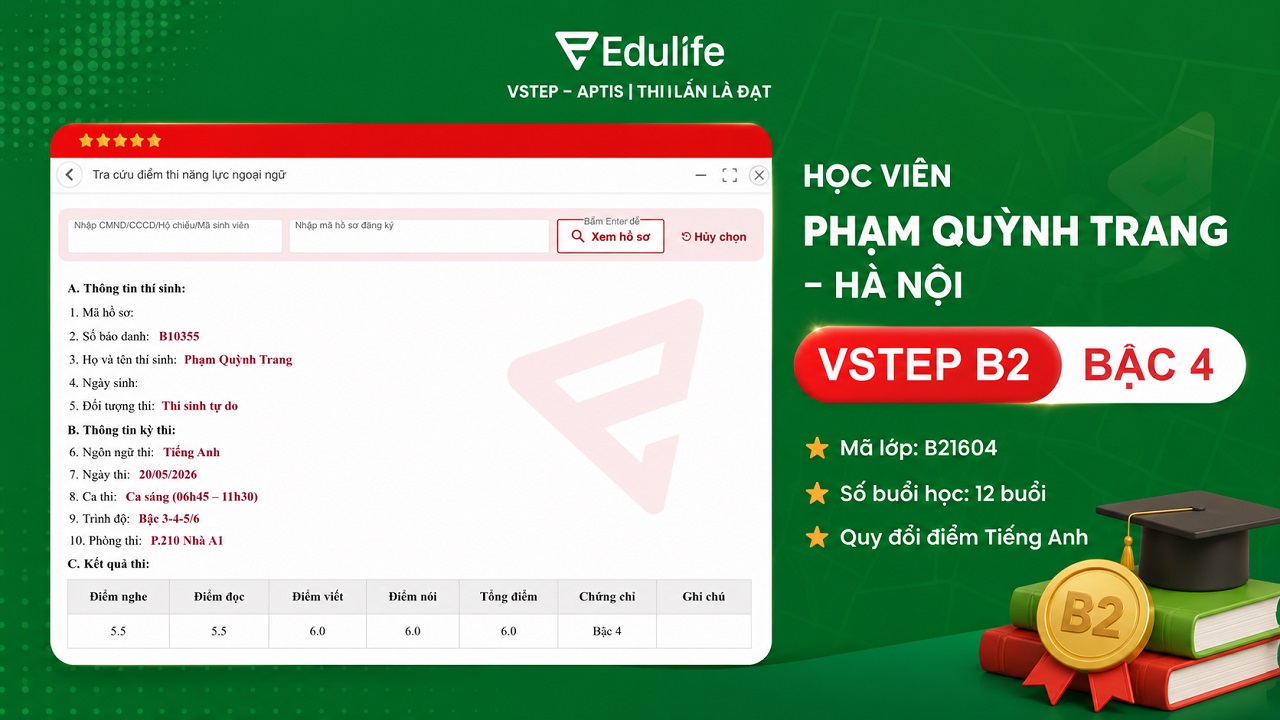 Học viên Quỳnh Trang đạt chứng chỉ VSTEP B2 ngay từ lần đầu 