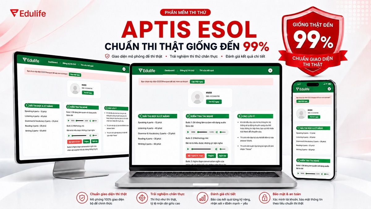 Phần mềm thi thử VSTEP/ APTIS  chuẩn thi<br> thật giống đến 99% 