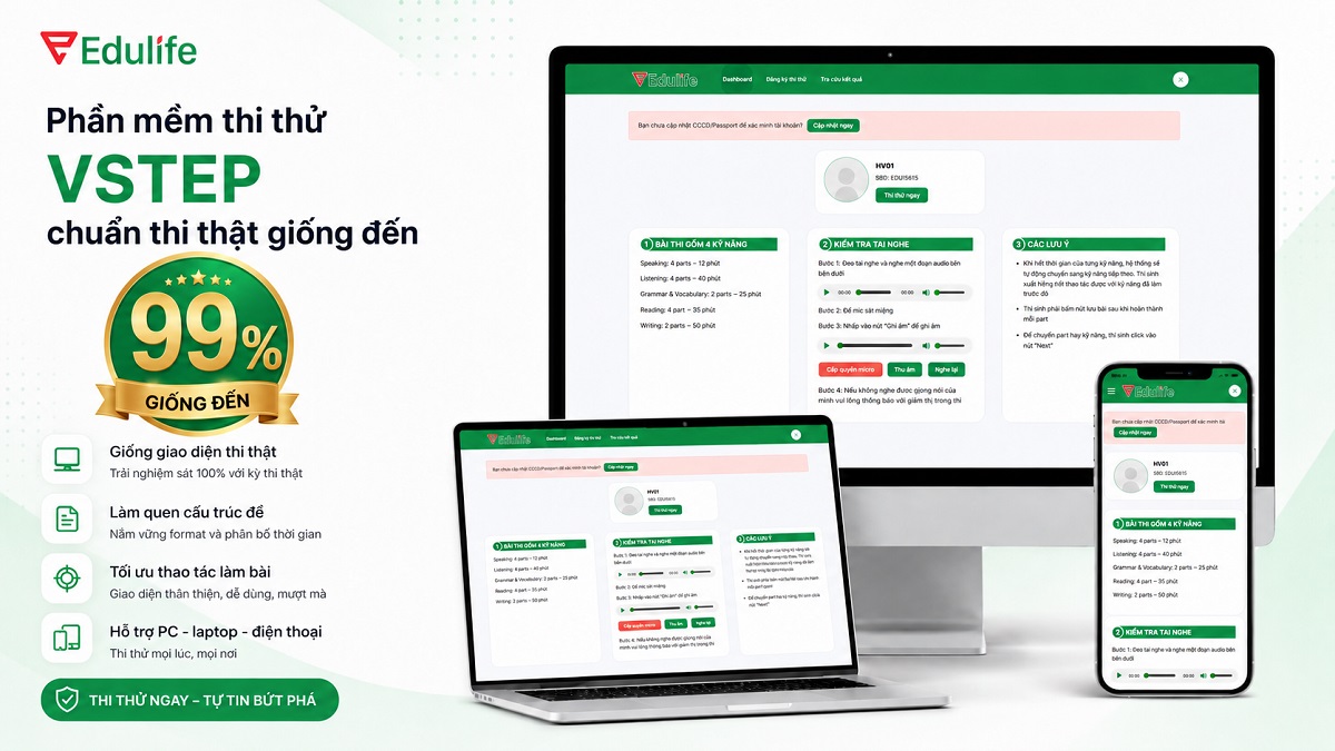 Phần mềm thi thử VSTEP/ APTIS  chuẩn thi<br> thật giống đến 99% 