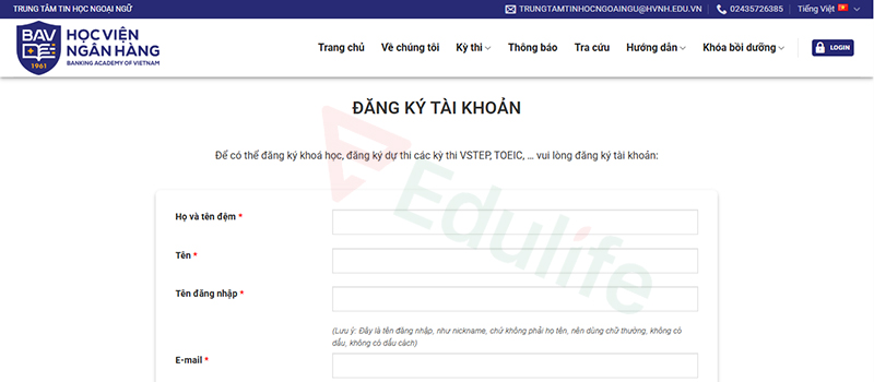 Tiến hành đăng ký tạo tài khoản dự thi