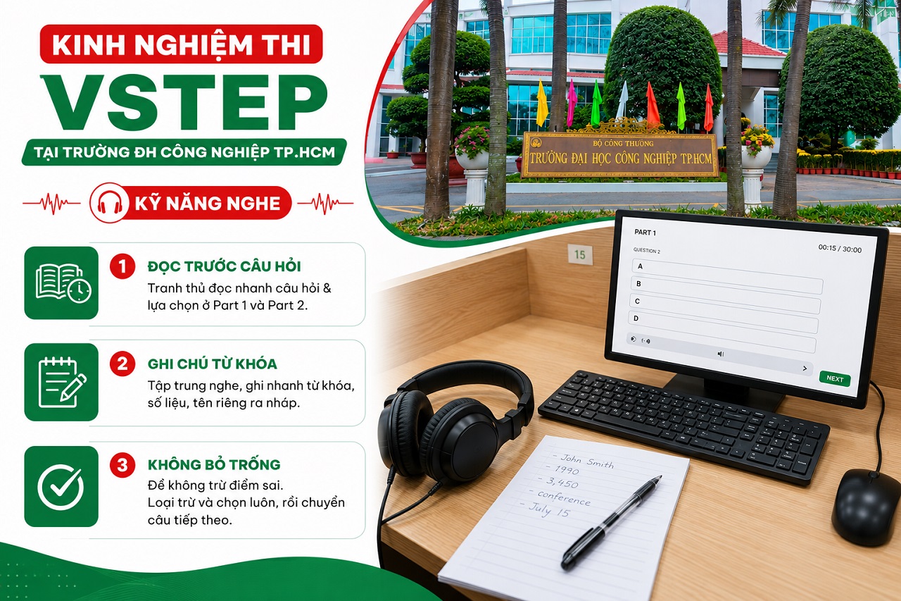Kinh nghiệm làm phần thi Nghe VSTEP trường ĐH Công nghiệp TP HCM