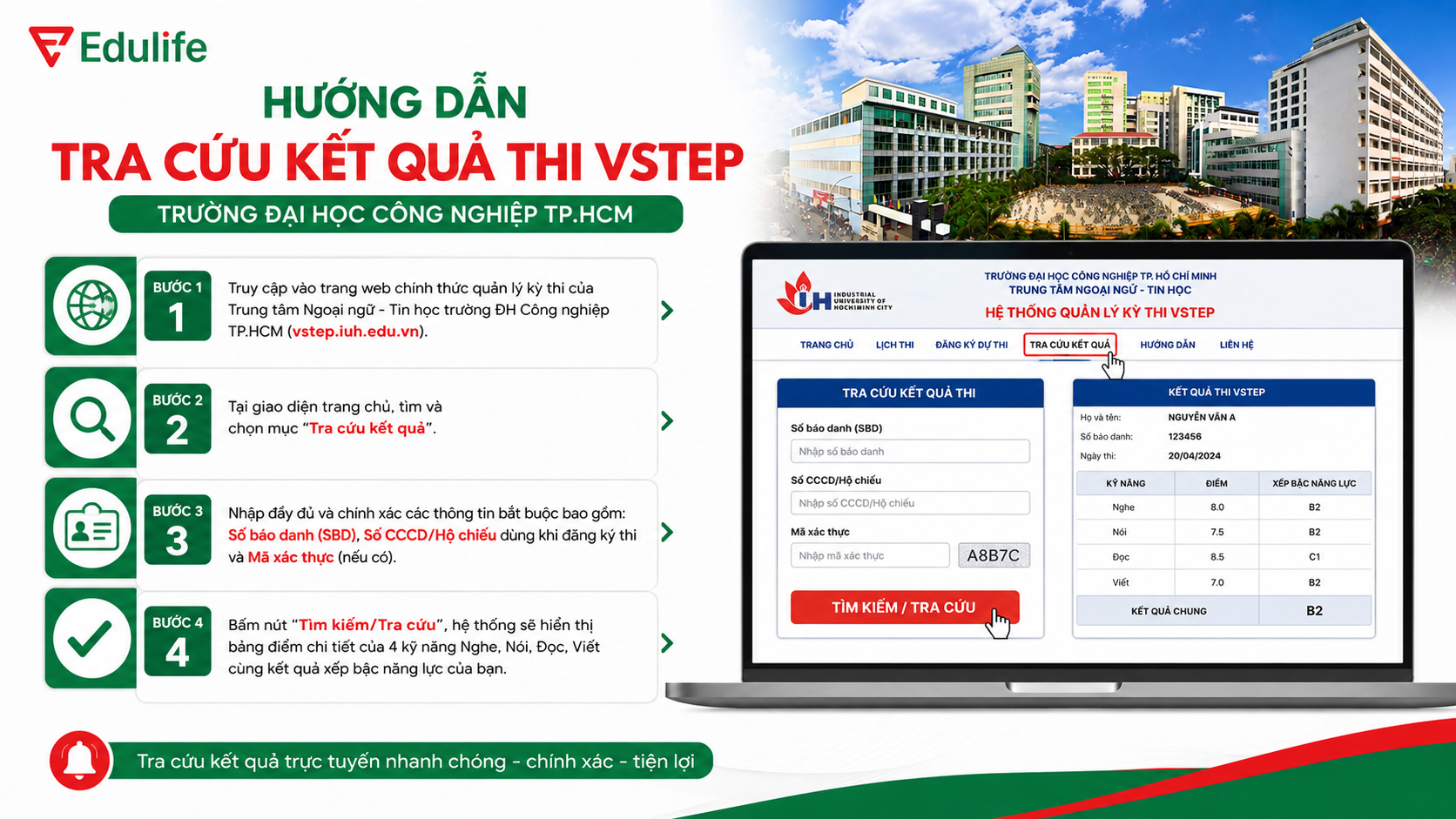 Cách tra cứu kết quả thi VSTEP tại trường ĐH Công nghiệp HCM