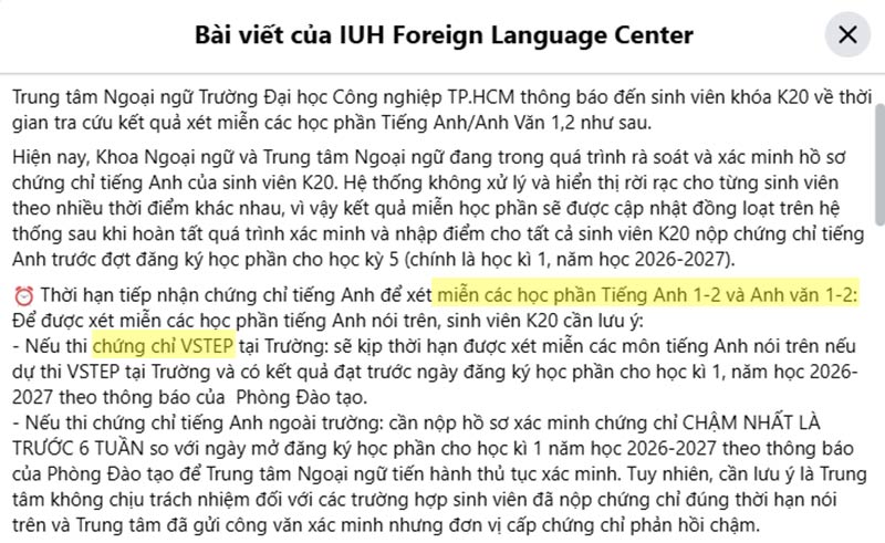 Sinh viên IUH được miễn miễn các học phần Tiếng Anh 1, 2 và Anh văn 1, 2 (Cập nhật Tháng 8/2026)