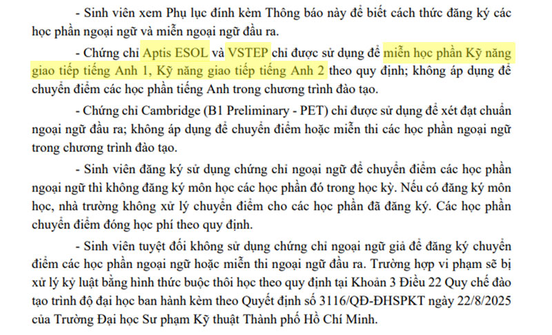 Quy định miễn học phần tiếng Anh của trường Đại học Sư phạm Kỹ thuật TP.HCM (Cập nhật Tháng 8/2026)