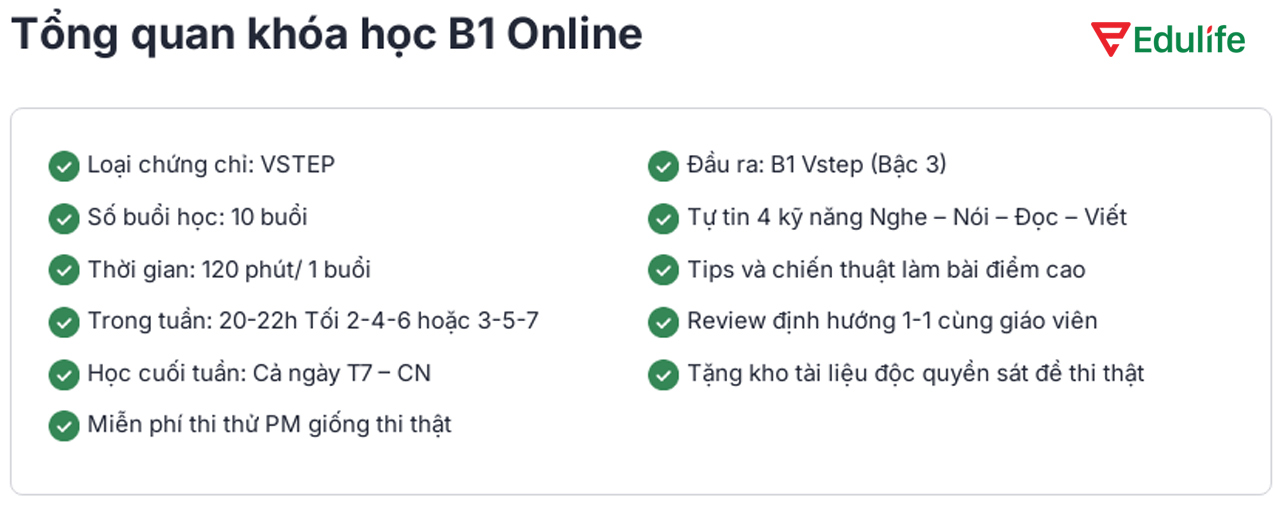 Các thông tin cơ bản về khóa học VSTEP B1 - Online tại Edulife