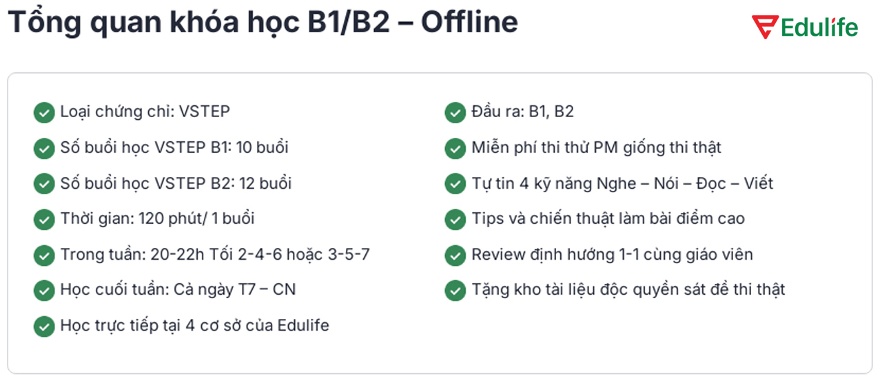 Các thông tin cơ bản về khóa học VSTEP B1/B2 - Offline tại Edulife