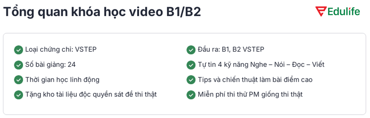 Các thông tin cơ bản về khóa học video VSTEP B1/B2 tại Edulife