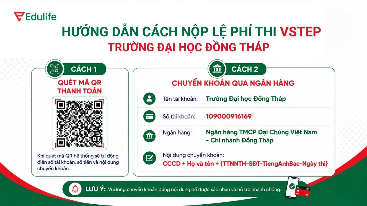 Thí sinh có thể thanh toán lệ phí thi VSTEP bằng chuyển khoản hoặc quét mã QR