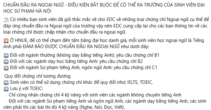Quy định áp dụng chứng chỉ tiếng Anh xét miễn học phần và chuẩn đầu ra tại Trường Đại học Sư phạm Hà Nội (HNUE)