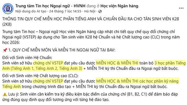 Quy định miễn học phần tiếng Anh Học viện Ngân hàng (Cập nhật Tháng 8/2026)